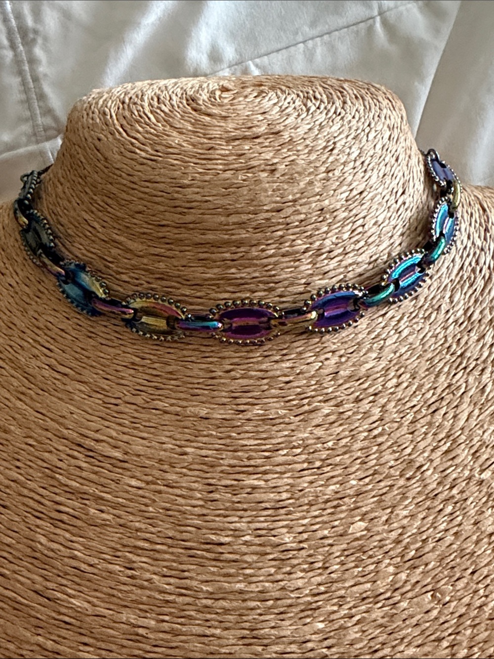 Elegant Iridescent Link Necklace adjustable slide clasp crystals on the end